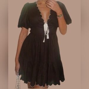 XL • Midnight Sky • Scalloped Trim White Bow Puff Sleeve Black Mini Dress ~ NWOT